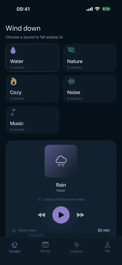 SomniTune's Wind down screen with sound categories and a sleep timer
