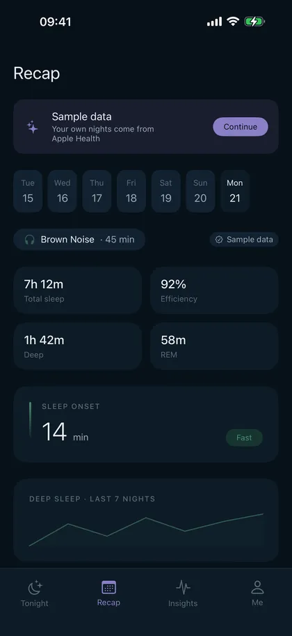 The Recap screen showing total sleep, efficiency and sleep onset for a night, labelled with the sound that played