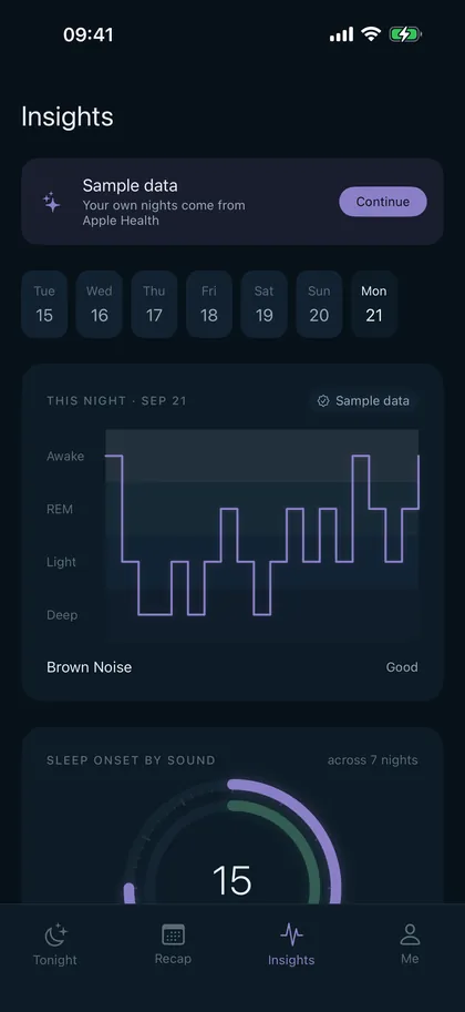 The Insights screen comparing sleep onset by sound across seven nights